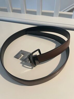 NWT Perry Ellis Brown Black Reversible Leather Belt Gunmetal Rectangle Buckle